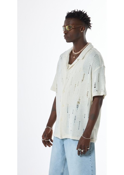 Oversize Deliklı Triko Gömlek Ekru fırsatları