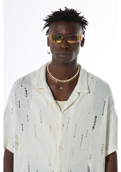 Oversize Deliklı Triko Gömlek Ekru indirimleri