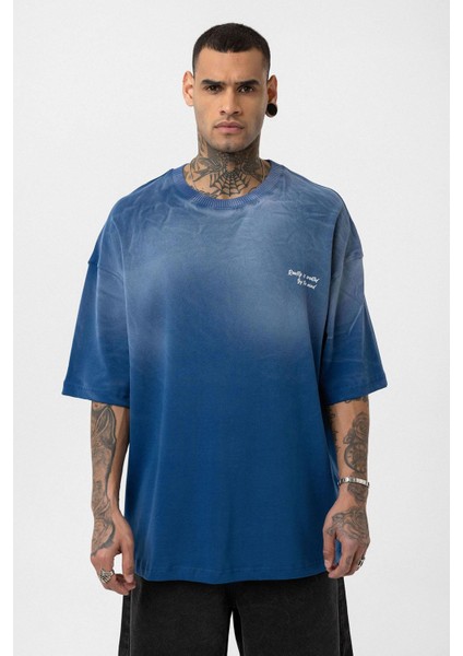 Yıkamalı Yazı Detaylı Oversize Tişört Indigo modelleri