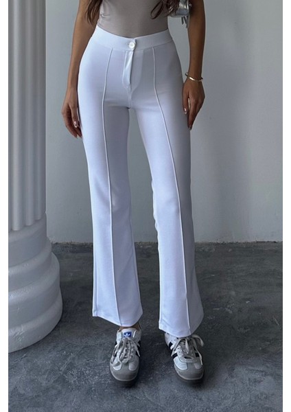 Kadın Beyaz Yüksek Bel Toparlayıcı Ispanyol Paça Palazzo Pantolon Beyaz / S