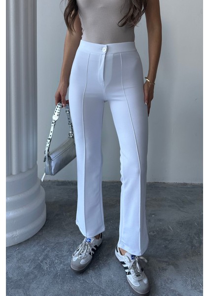 Kadın Beyaz Yüksek Bel Toparlayıcı Ispanyol Paça Palazzo Pantolon Beyaz / S fırsatları