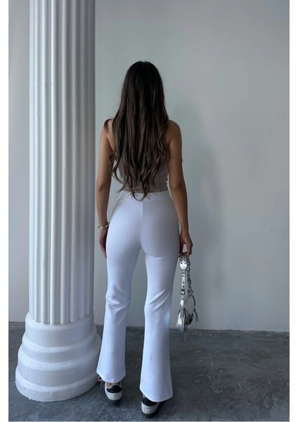 Kadın Beyaz Yüksek Bel Toparlayıcı Ispanyol Paça Palazzo Pantolon Beyaz / S indirimleri