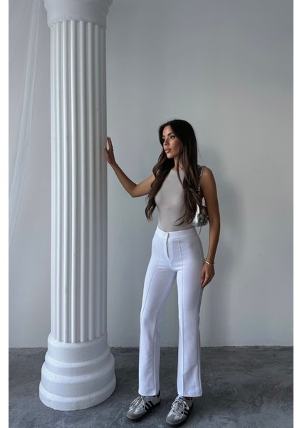 Kadın Beyaz Yüksek Bel Toparlayıcı Ispanyol Paça Palazzo Pantolon Beyaz / S