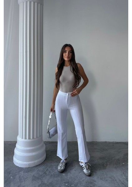 Kadın Beyaz Yüksek Bel Toparlayıcı Ispanyol Paça Palazzo Pantolon Beyaz / S