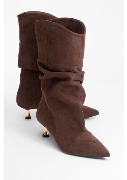 Steın Kahverengi Süet Sivri Burunlu Körüklü Kadın Kısa Çizme