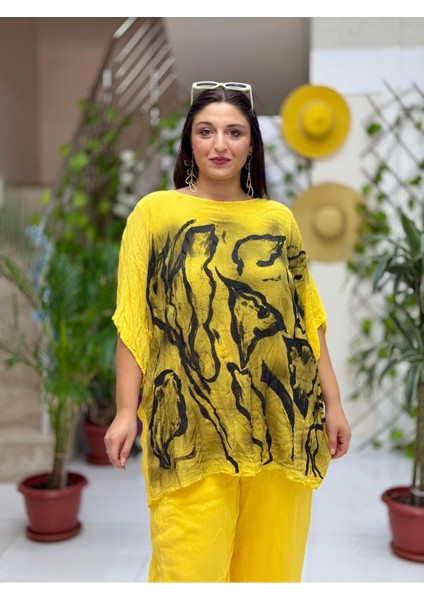 VL3009 Yarasa Kol Baskılı Vual Bluz Sarı indirimleri