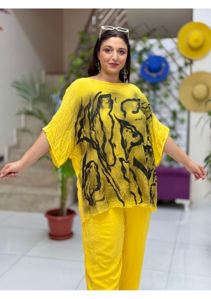 VL3009 Yarasa Kol Baskılı Vual Bluz Sarı