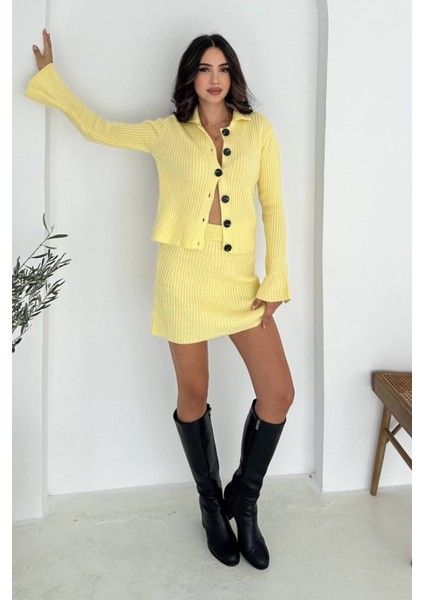 Fitilli Örgü Takım: Triko Hırka & Mini Etek Ikili Set 8009