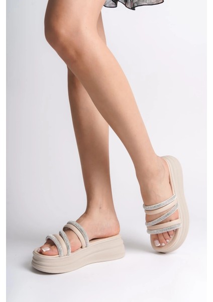 Elıse Düz Topuklu Şeritli Taşlı Kalın ve Ortopedik Taban Kadın Terlik Kt - Krem fiyatları