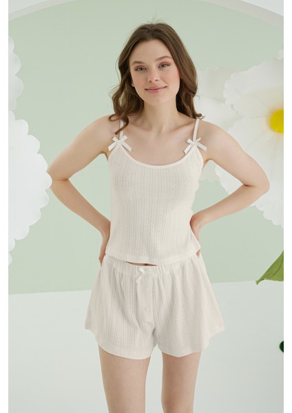 Ekru Askılı Şortlu Pijama Takım