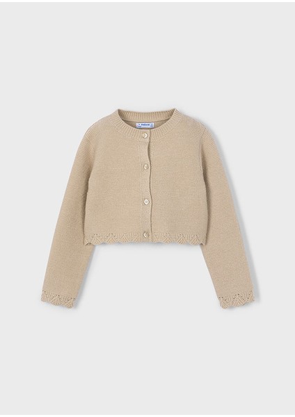 4-10 Yaş Kız Çocuk Bej Düğmeli Uzun Kollu Simli Hırka – Dantel Detaylı