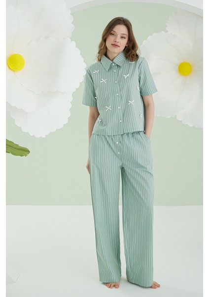 Yeşil Kurdele Önden Düğmeli Pijama Takım