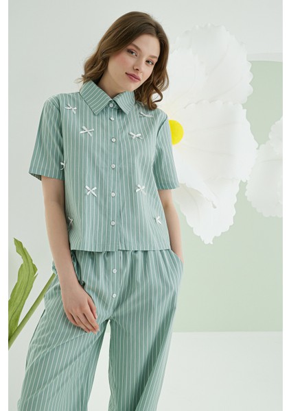 Yeşil Kurdele Önden Düğmeli Pijama Takım fırsatları