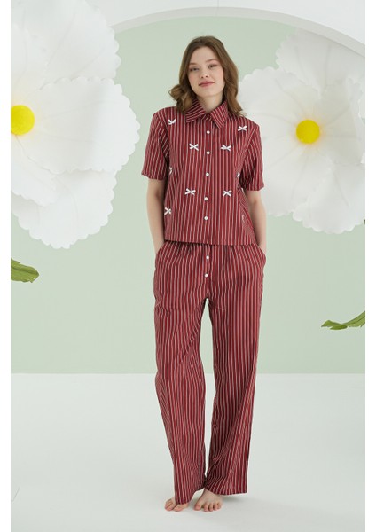 Bordo Kurdele Önden Düğmeli Pijama Takım