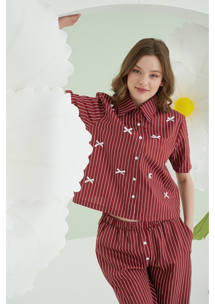 Bordo Kurdele Önden Düğmeli Pijama Takım fiyatları