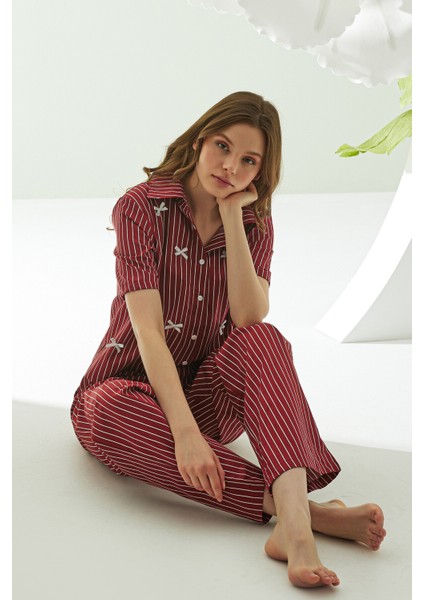 Bordo Kurdele Önden Düğmeli Pijama Takım fırsatları