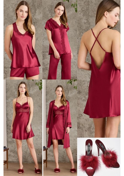 Kadın6'lı Saten Gelin Çeyiz Seti Sabahlık & Gecelik & Pijama Takımı & Şortlu Takım Terlik Hediyeli