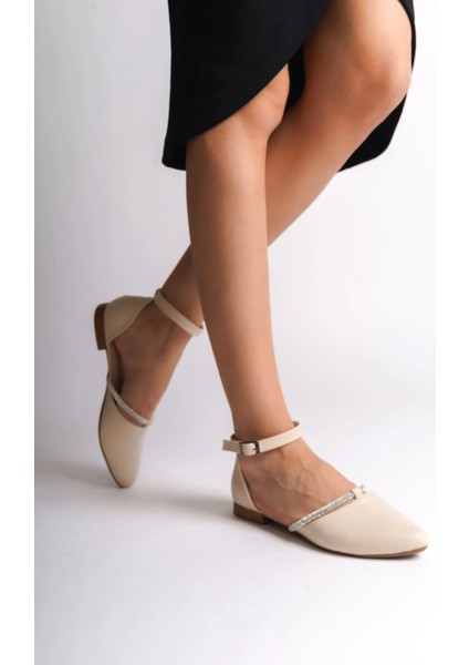 Monıca Tokalı Ortopedik Rahat Taban Taş Detaylı Kadın Babet Ayakkabı Kt - Krem modelleri
