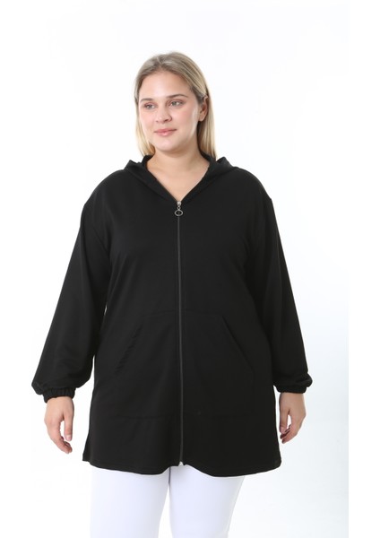 Kadın Likralı Siyah Kapüşonlu Büyük Beden Hırka