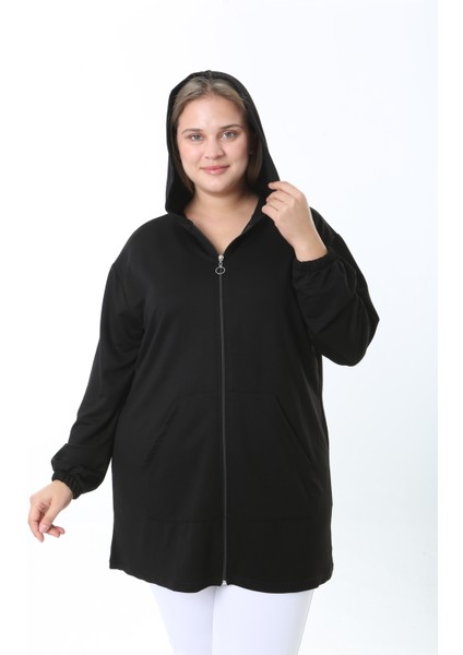 Kadın Likralı Siyah Kapüşonlu Büyük Beden Hırka fiyatları