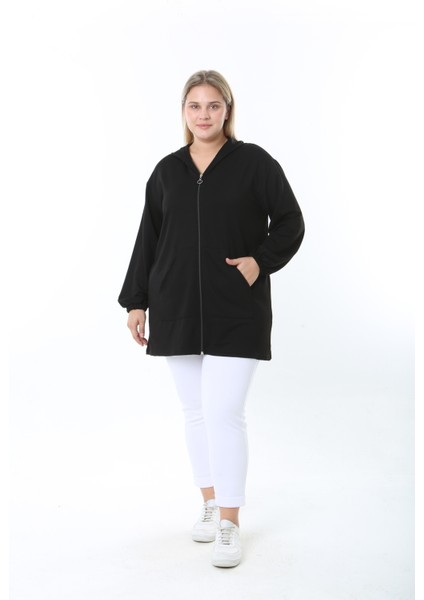 Kadın Likralı Siyah Kapüşonlu Büyük Beden Hırka modelleri