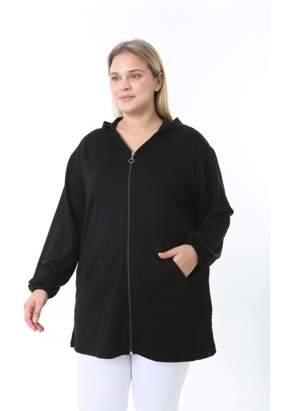Kadın Likralı Siyah Kapüşonlu Büyük Beden Hırka fırsatları
