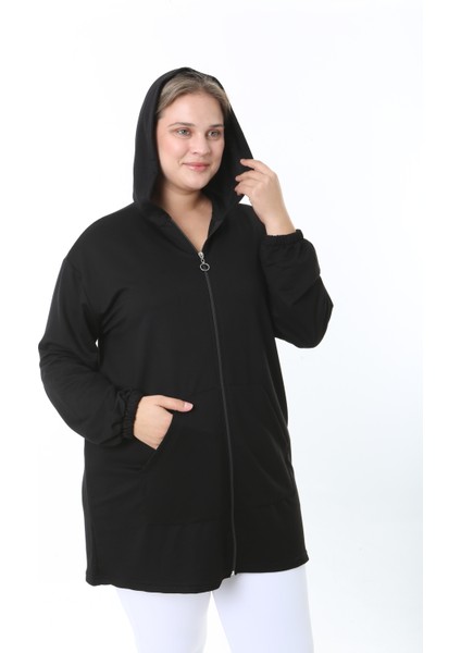 Kadın Likralı Siyah Kapüşonlu Büyük Beden Hırka indirimleri