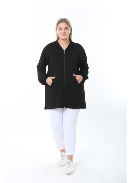 Kadın Likralı Siyah Kapüşonlu Büyük Beden Hırka