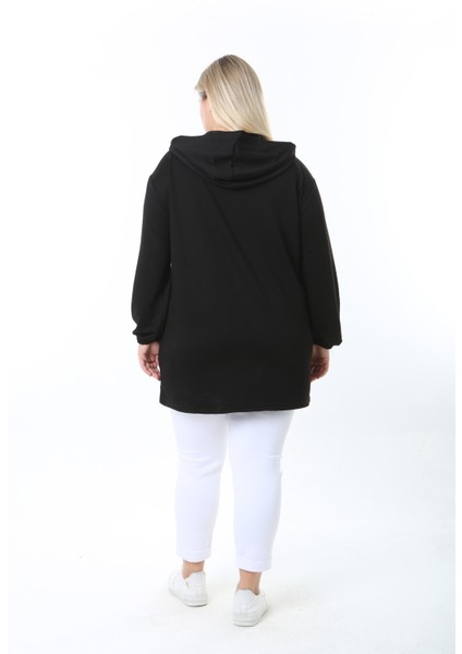 Kadın Likralı Siyah Kapüşonlu Büyük Beden Hırka