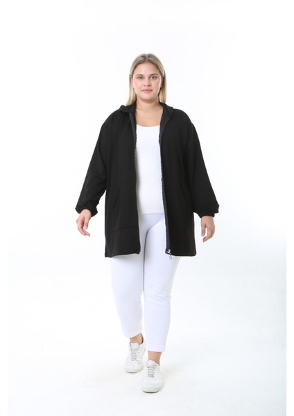 Kadın Likralı Siyah Kapüşonlu Büyük Beden Hırka