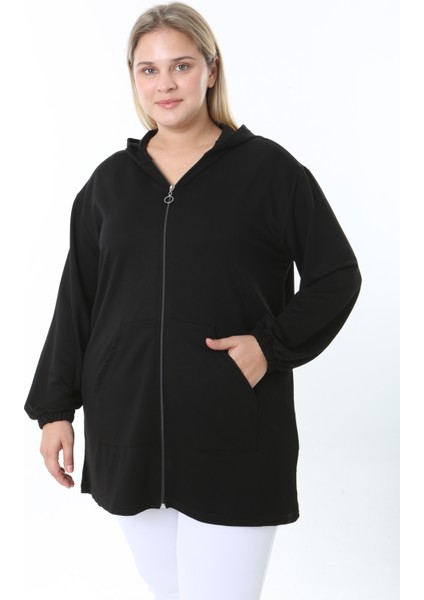 Kadın Likralı Siyah Kapüşonlu Büyük Beden Hırka