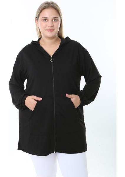 Kadın Likralı Siyah Kapüşonlu Büyük Beden Hırka