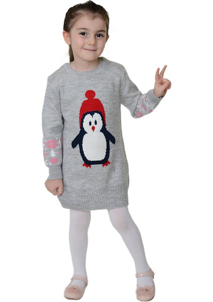 Kız Çocuk Kışlık Elbise Penguen Işlemeli Bere ve Atkılı 3'lü Takım indirimleri