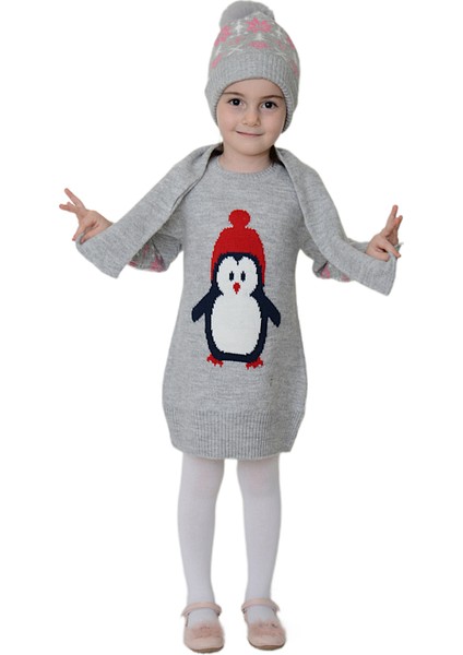 Kız Çocuk Kışlık Elbise Penguen Işlemeli Bere ve Atkılı 3'lü Takım