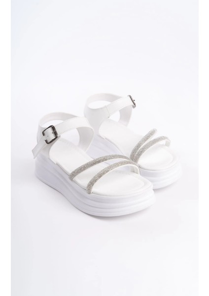 Zlohe Kalın Tokalı Taşlı Şeritli Ortopedik Taban Kadın Sandalet Bt - Beyaz fırsatları
