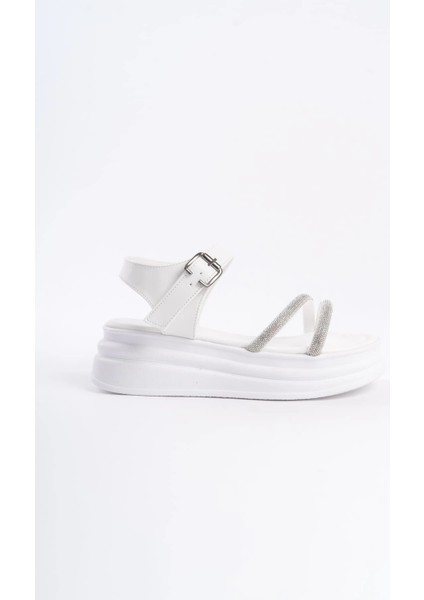 Zlohe Kalın Tokalı Taşlı Şeritli Ortopedik Taban Kadın Sandalet Bt - Beyaz