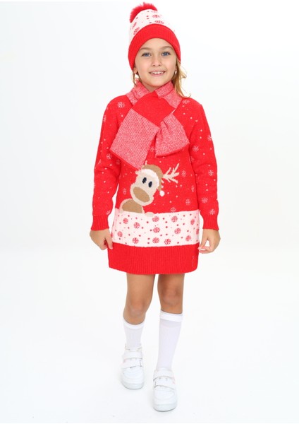 Kız Çocuk Kışlık Elbise Karlar Içinde Geyik Desenli Bere ve Atkılı 3'lü Takım