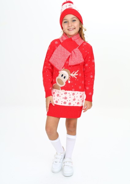 Kız Çocuk Kışlık Elbise Karlar Içinde Geyik Desenli Bere ve Atkılı 3'lü Takım modelleri