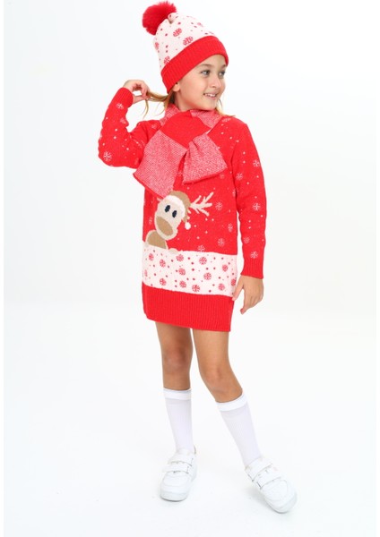 Kız Çocuk Kışlık Elbise Karlar Içinde Geyik Desenli Bere ve Atkılı 3'lü Takım indirimleri