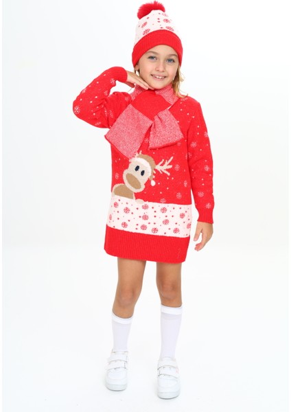 Kız Çocuk Kışlık Elbise Karlar Içinde Geyik Desenli Bere ve Atkılı 3'lü Takım
