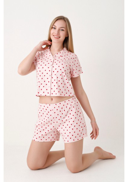 Pembe Berry Şortlu Crop Önden Düğmeli Pijama Takımı fırsatları