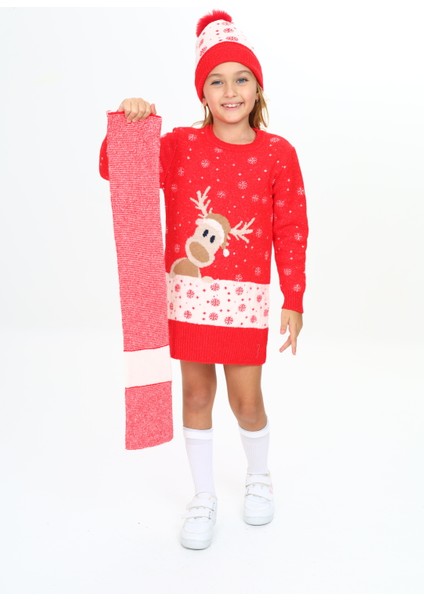 Kız Çocuk Kışlık Elbise Karlar Içinde Geyik Desenli Bere ve Atkılı 3'lü Takım