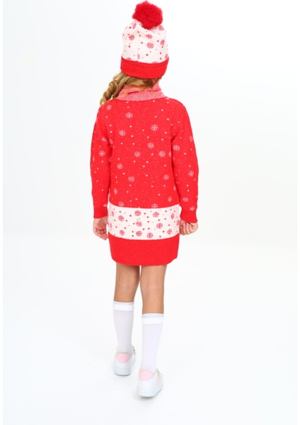 Kız Çocuk Kışlık Elbise Karlar Içinde Geyik Desenli Bere ve Atkılı 3'lü Takım