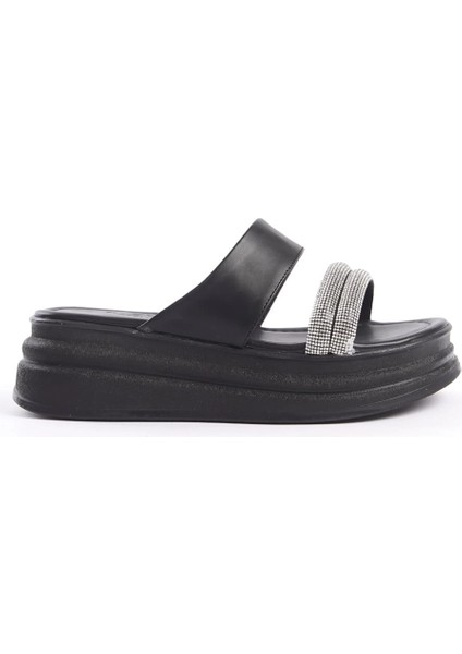 Sarah Düz Topuklu Taşlı Şeritli Kalın ve Ortopedik Taban Kadın Terlik St - Siyah