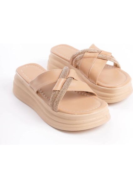 Ruby Düz Topuklu Taşlı Çapraz Şeritli Kalın ve Ortopedik Taban Kadın Terlik Tt - Ten fırsatları