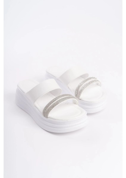 Sarah Düz Topuklu Taşlı Şeritli Kalın ve Ortopedik Taban Kadın Terlik Bt - Beyaz fırsatları