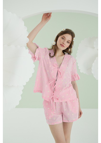 Pembe Papatya Şortlu Önden Bağlamalı Pijama Takımı