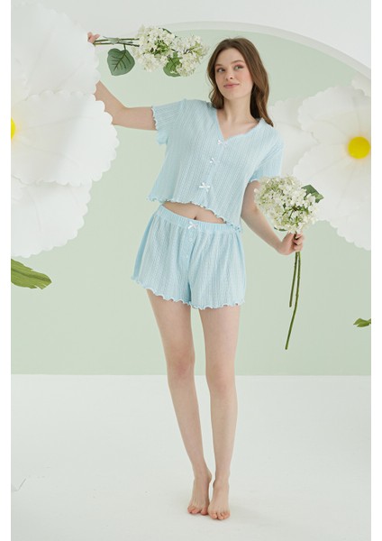 Mavi Ribbon Şortlu Pijama Takımı indirimleri