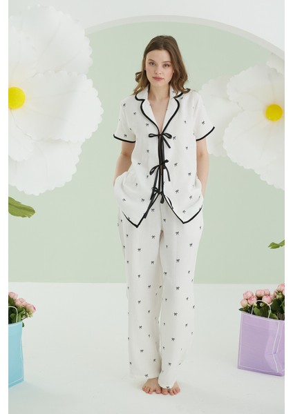 Ekru Kurdele Önden Bağlamalı Pijama Takımı