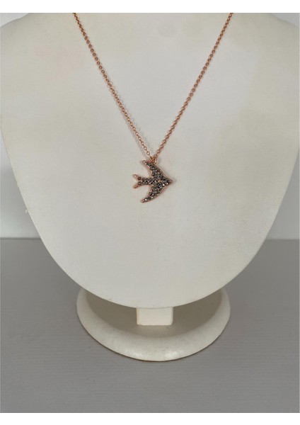 Kırlangıç Figürlü Siyah Parlak Taşlı Kolye Roz Renk indirimleri